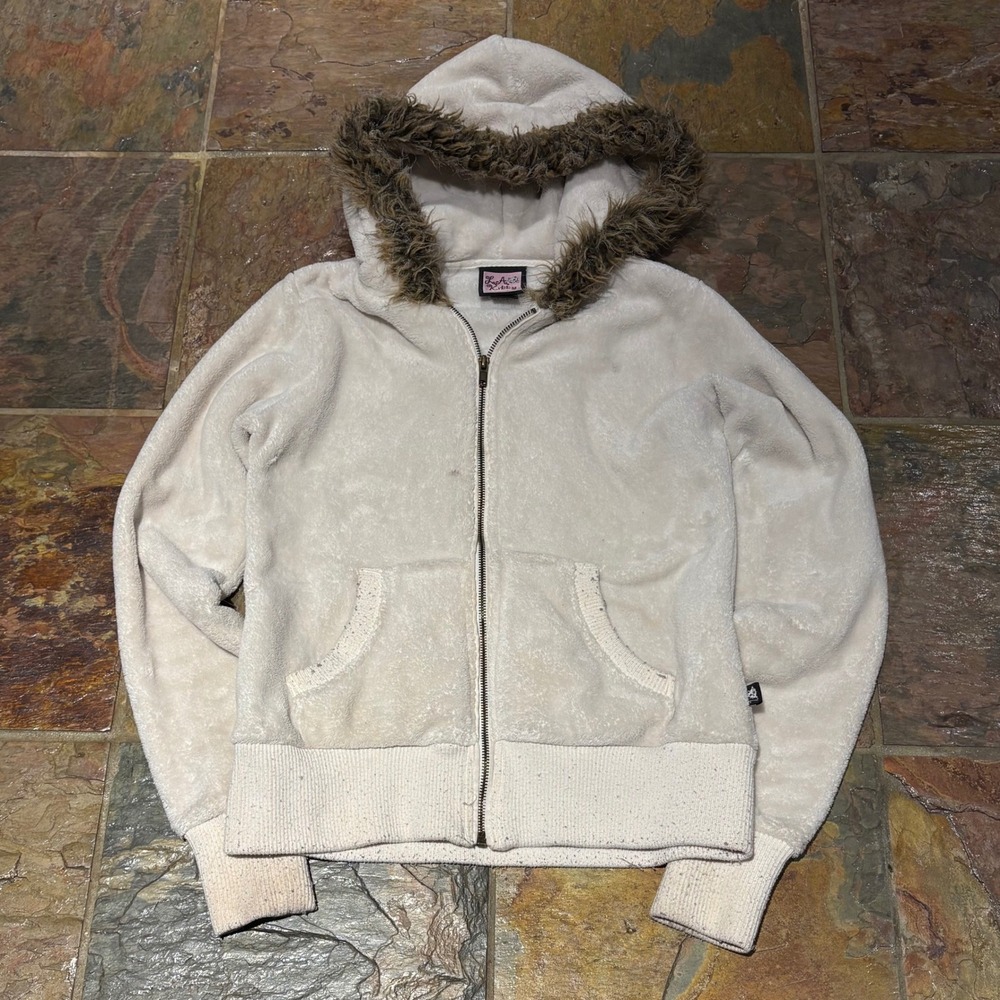 LA Kitty White Faux Fur Zip Up Hoodie Y2K Plush Fleece Sweatshirt Womens Medium